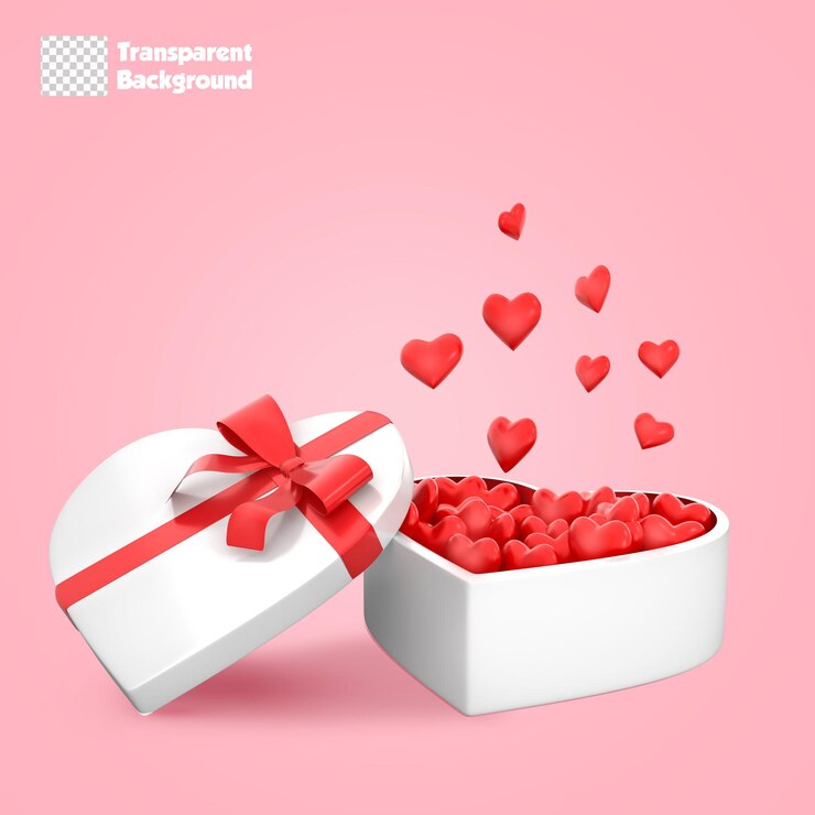 Caja de regalo en forma de corazón abierto de renderizado 3D con corazones voladores