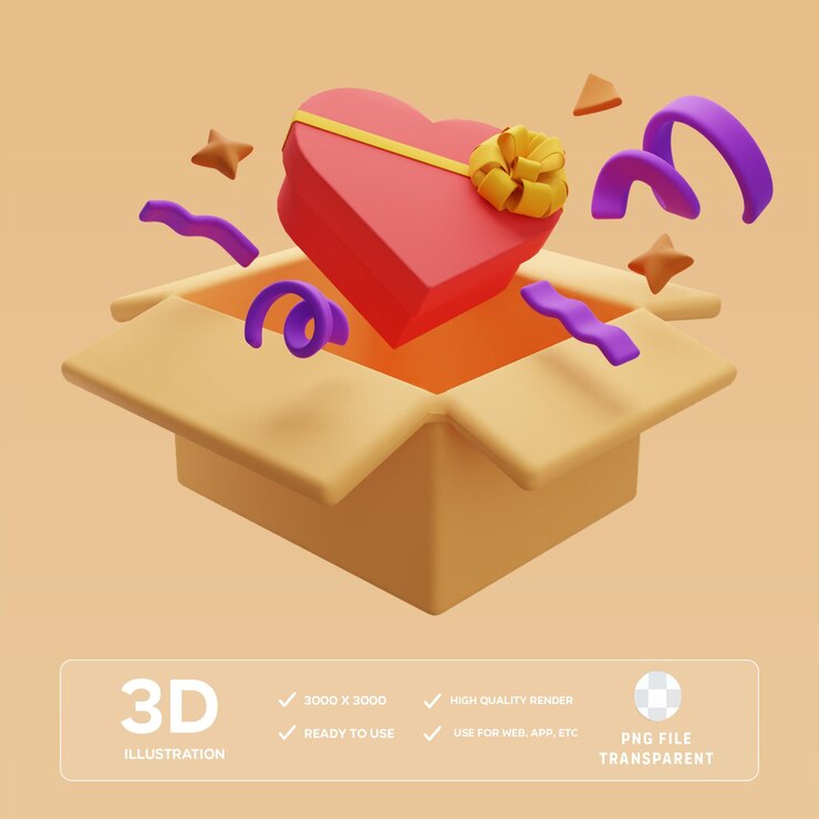 Caja de regalo en forma de corazón rodeada de cintas de colores Ilustración en 3D