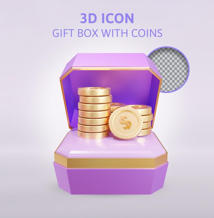 PSD caja de regalo con monedas ilustración de renderizado 3d
