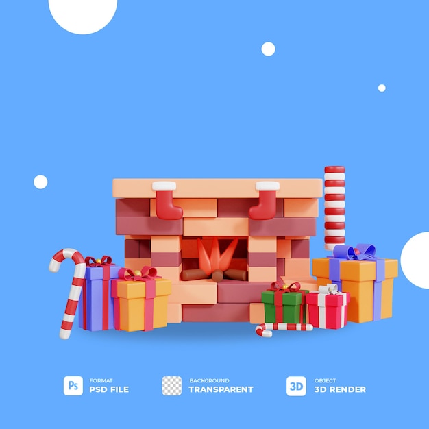 Caja de regalo de navidad 3d y chimenea con fondo transparente