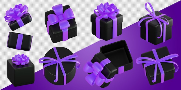 Caja de regalo negra realista con lazo de cinta violeta o púrpura concepto de cumpleaños festivo abstracto navidad o black friday presente o sorpresa 3d renderizado aislado de alta calidad