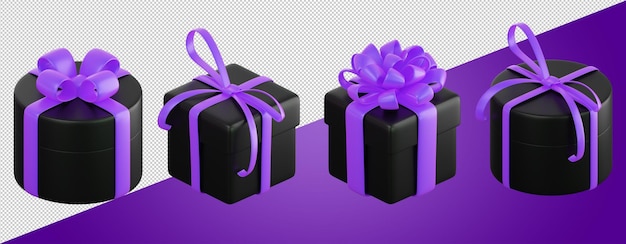 PSD caja de regalo negra realista con lazo de cinta violeta o púrpura concepto de cumpleaños festivo abstracto navidad o black friday presente o sorpresa 3d renderizado aislado de alta calidad