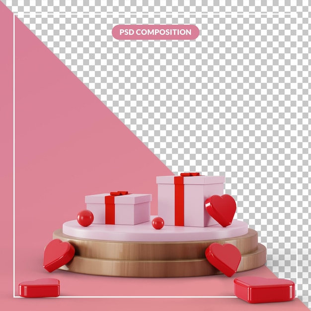 Caja de regalo de pedestal 3d con símbolo de corazón de amor de manojo en representación 3d