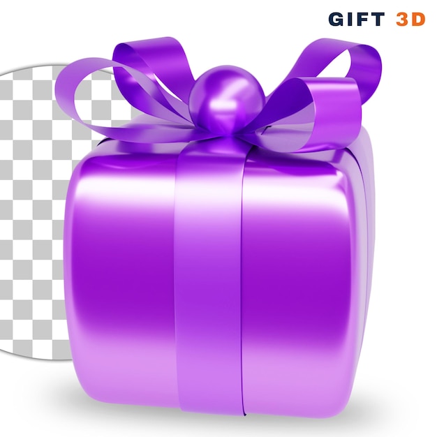 Caja de regalo púrpura realista 3d con cinta sobre fondo transparente