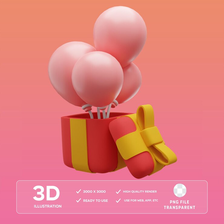 Caja de regalo roja con globos rosados y una ilustración 3D de cinta amarilla
