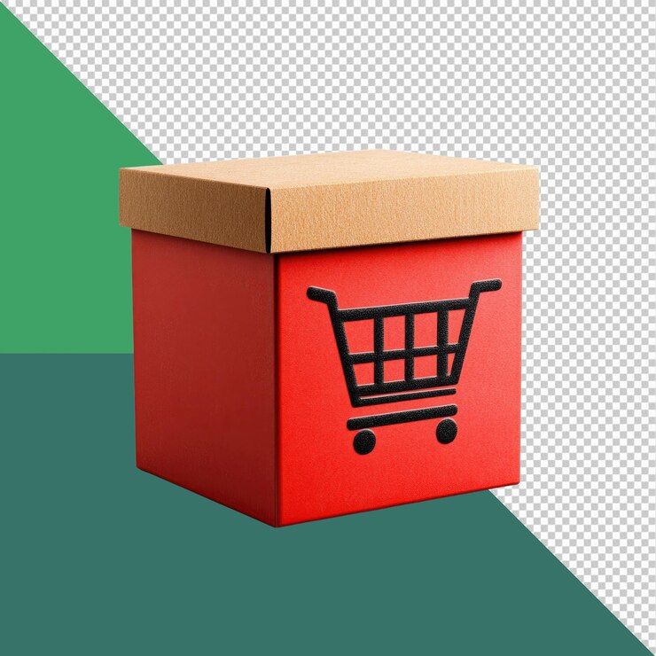 PSD caja de regalo roja con icono de carrito de compras concepto de compras en línea