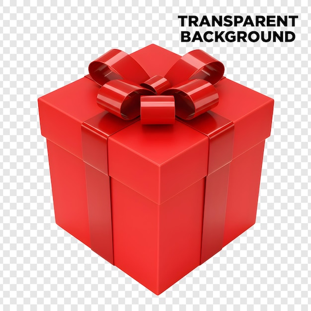 Caja de regalo roja con un lazo y una cinta en un fondo transparente