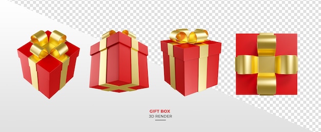 Caja de regalo roja con oro en 3d render con fondo transparente en diferentes perspectivas