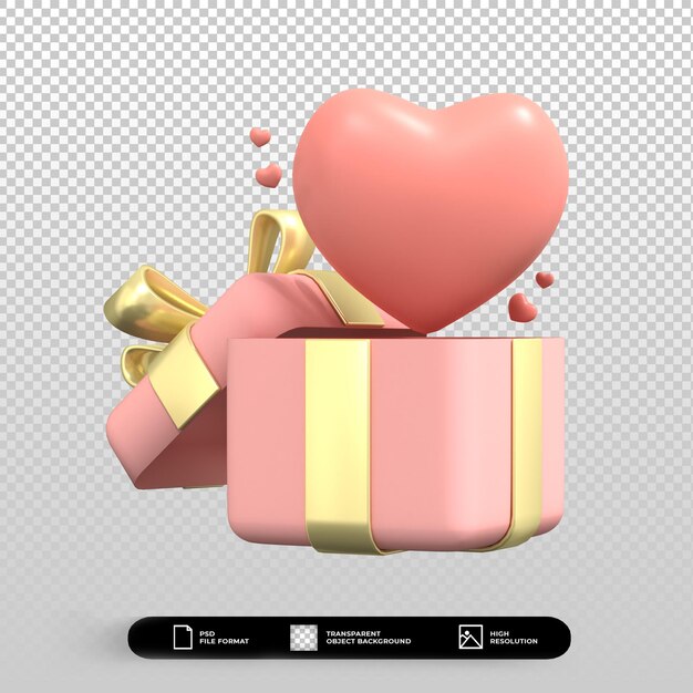 Caja de regalo rosa abierta del día de san valentín 3d con ilustración de icono de corazones aislado