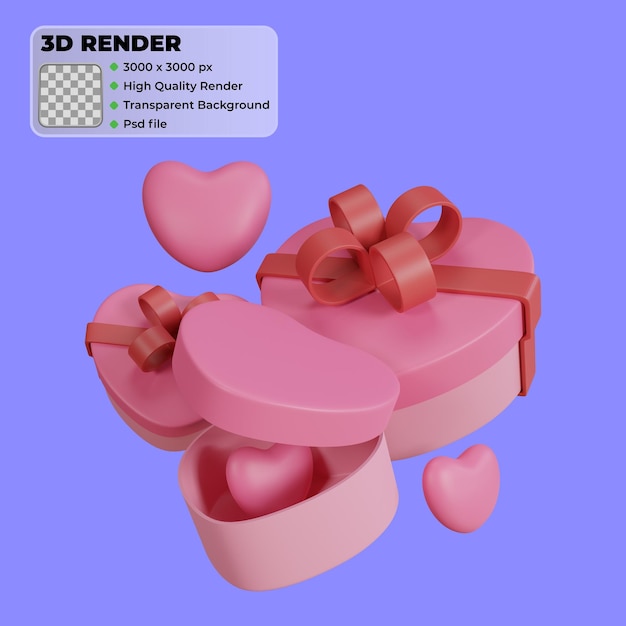 Caja de regalo rosa con corazones voladores y renderizado 3d