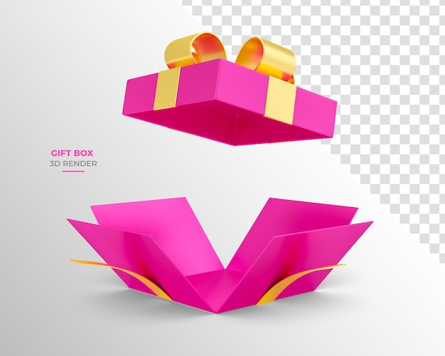 caja de regalo rosa con oro en render 3d abierto con fondo transparente en diferentes perspectivas