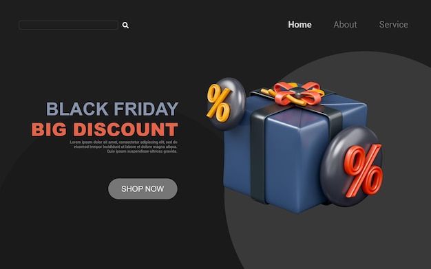 caja de regalo con signo de insignia de porcentaje sobre fondo oscuro concepto de renderizado 3d para marketing de viernes negro