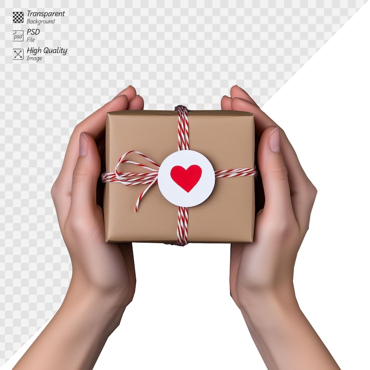 PSD caja de regalo sostenida con amor con una etiqueta de corazón en fondo transparente