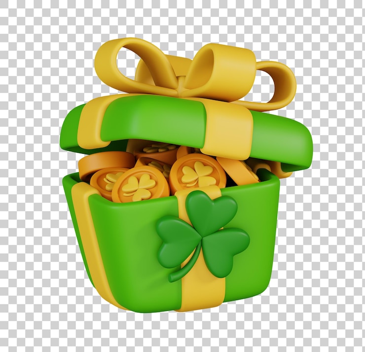 PSD caja de regalo verde con hojas de trébol y llena de moneda de oro aislada icono del día de happy st patrick 3d