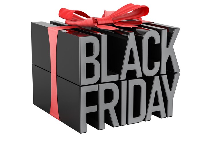PSD caja de regalos black friday con arco rojo black friday concepto renderización 3d aislado en fondo transparente