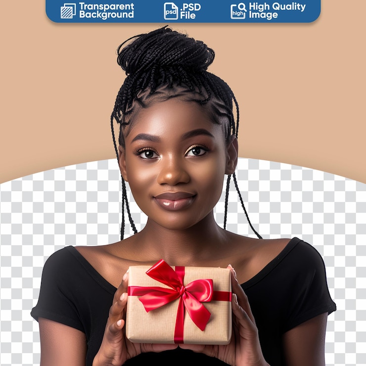 PSD una caja de regalos en las manos de una feliz mujer negra afroamericana