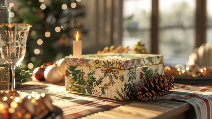 PSD una caja de regalos de navidad bellamente envuelta se encuentra en una mesa decorada para la temporada navideña junto a una vela encendida y una cono de pino