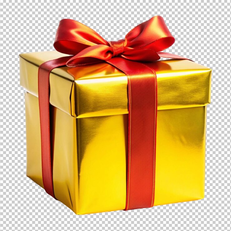 PSD una caja de regalos de oro con una cinta roja atada a su alrededor