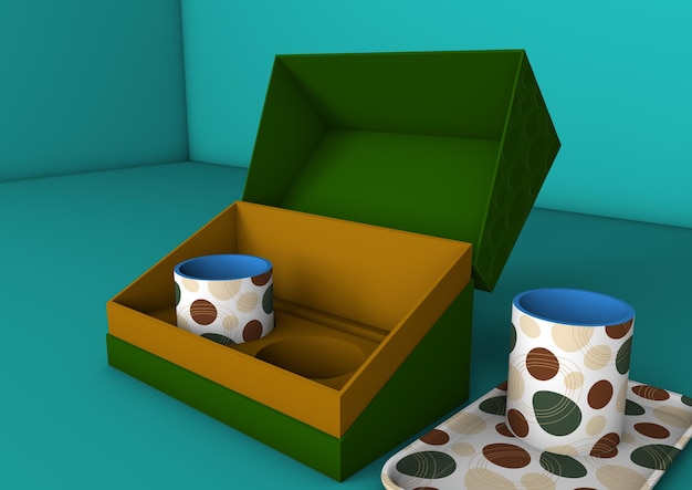 Caja de regalos que incluye tazas y mock-up de bandeja