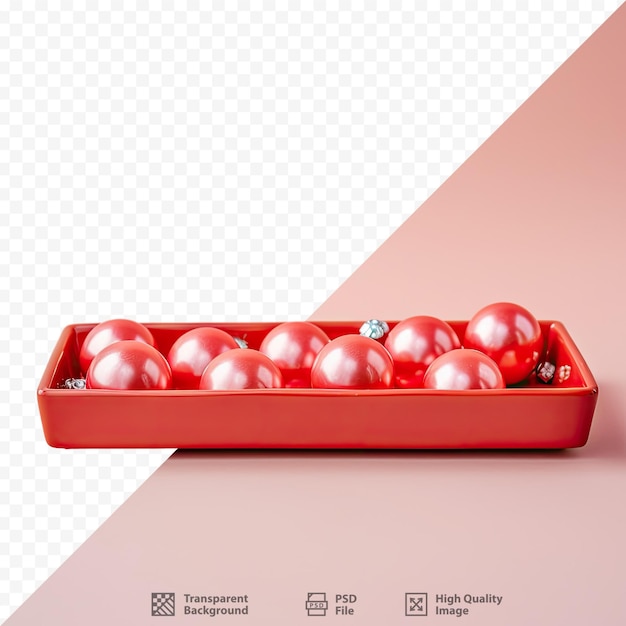 una caja roja de bolas navideñas con las palabras " no " en la parte inferior.