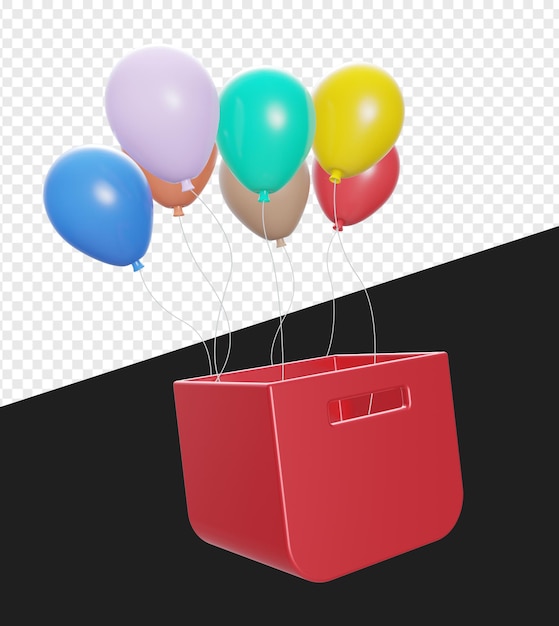 Caja roja vacía o cesta o cesto con globo colorido flotante aislado