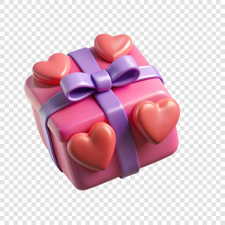 una caja rosa con corazones y una cinta púrpura