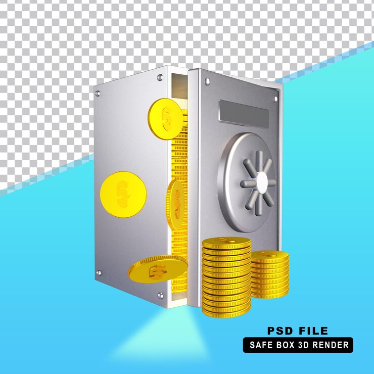PSD caja de seguridad de acero con monedas de riel de oro 3d volando