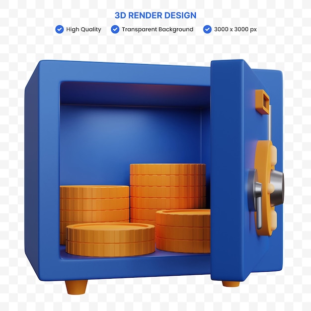 Caja de seguridad de representación 3d con algunas monedas aisladas