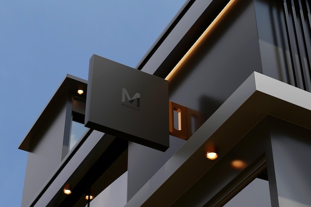 Caja de señalización rectangular de maqueta de letrero de logotipo en la fachada del edificio de la tienda de oficinas
