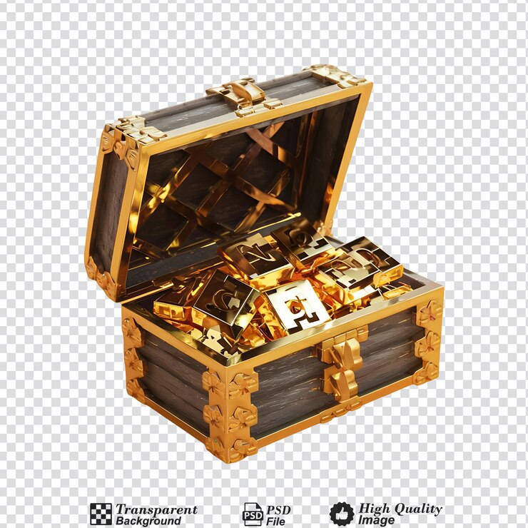 PSD una caja del tesoro llena de oro aislada sobre un fondo transparente