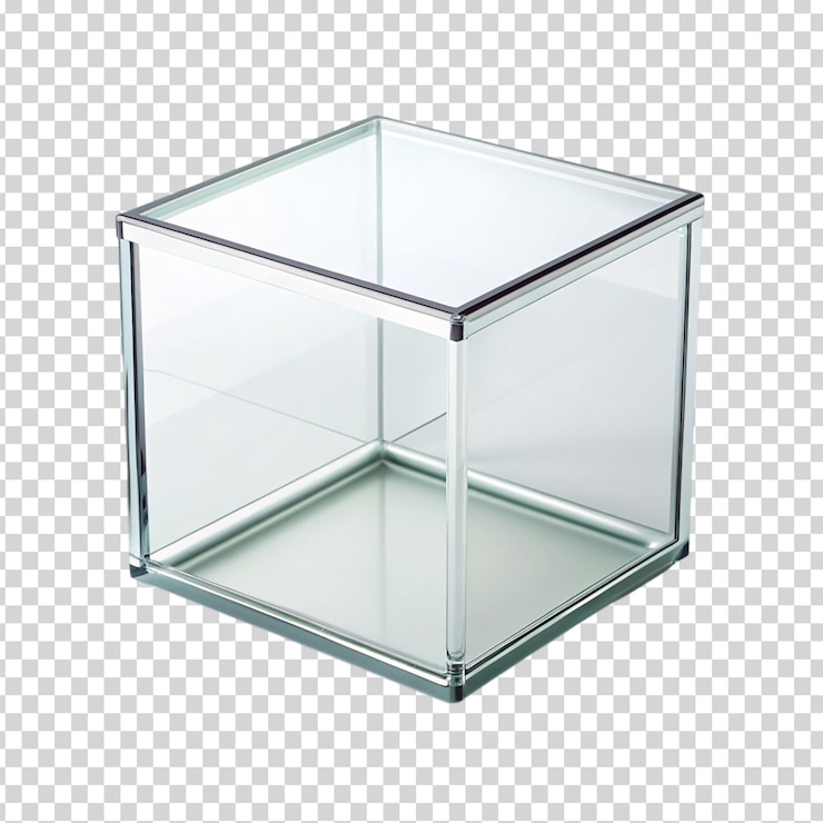 PSD una caja de vidrio vacía con un marco de plata y una tapa de vidrio transparente en un fondo transparente