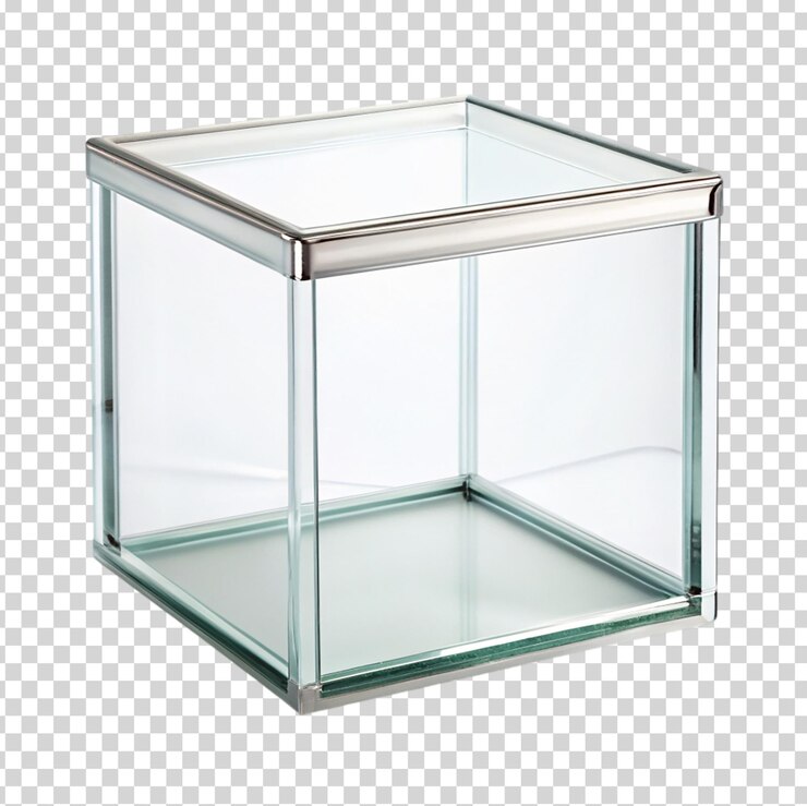 PSD una caja de vidrio vacía con un marco de plata y una tapa de vidrio transparente en un fondo transparente