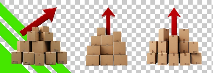 PSD cajas apiladas con flechas hacia arriba para el concepto de crecimiento