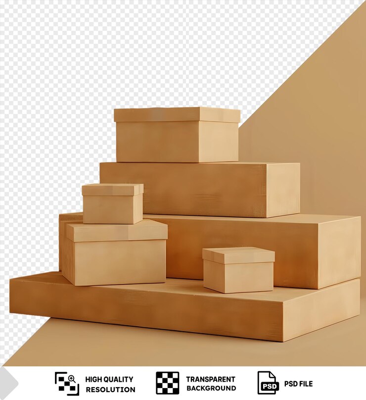 PSD cajas de cartón apiladas una encima de la otra contra una pared blanca png