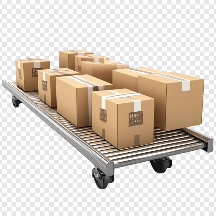 PSD cajas de cartón en un carro transportador de rodillos para una logística y una entrega eficientes