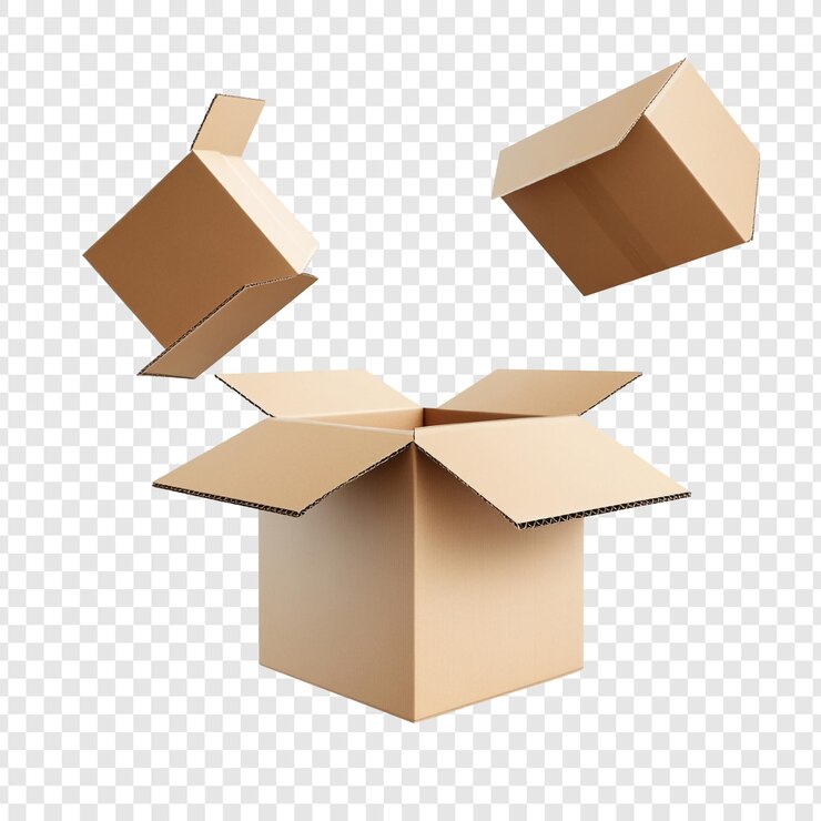 PSD las cajas de cartón están volando fuera de la caja en un fondo transparente