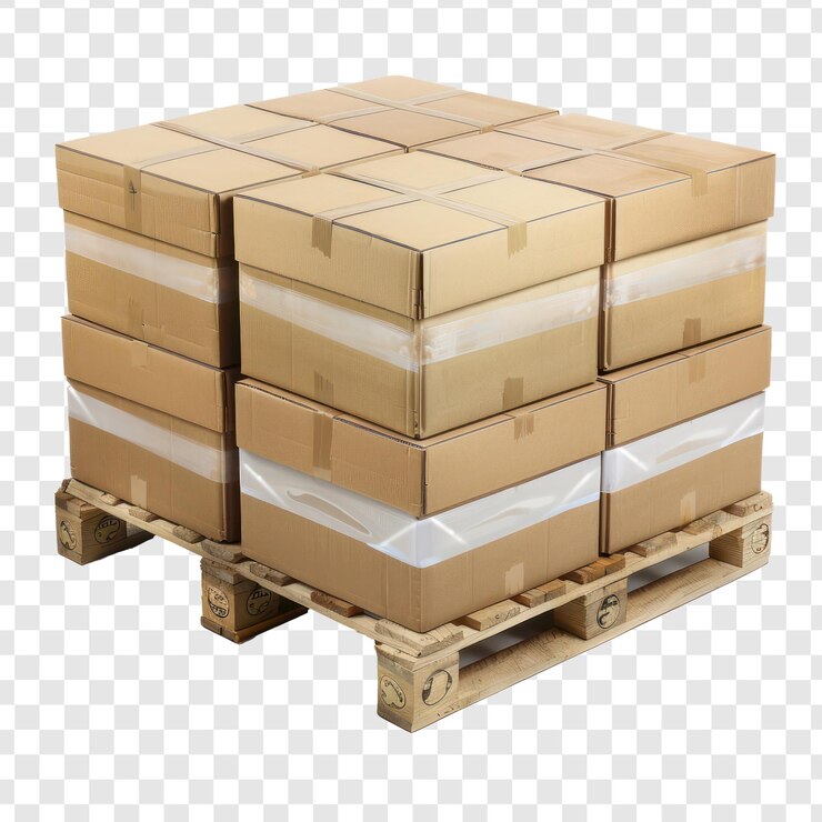 PSD cajas de cartón en paletas de envío en fondo transparente psd