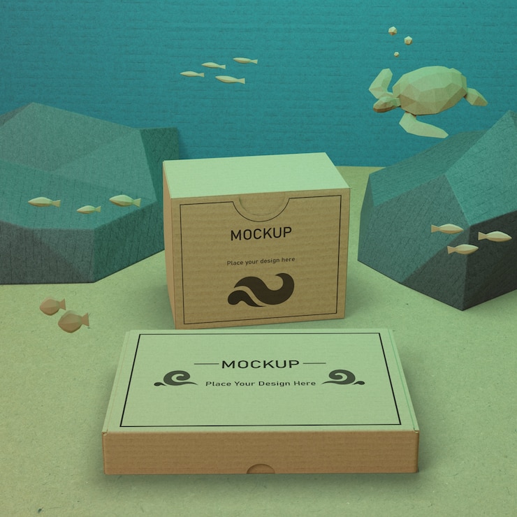 PSD cajas de cartón y vida marina con concepto de maqueta