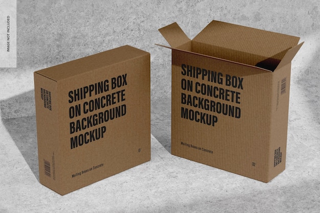 Cajas de envío en maqueta de fondo de hormigón, abiertas y cerradas
