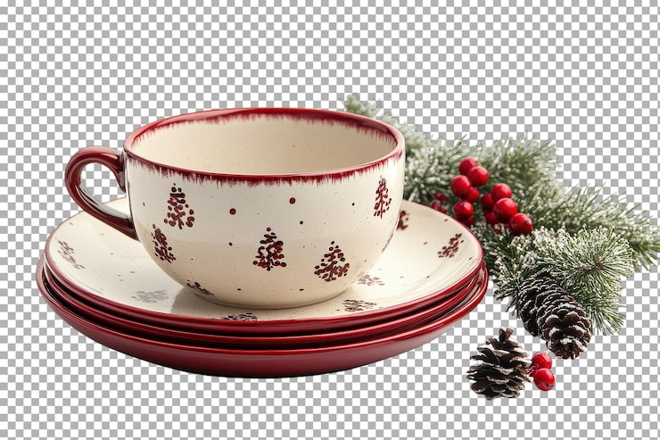 PSD cajas festivas de vacaciones con placas de taza rojas y blancas, piñones y vegetación de invierno