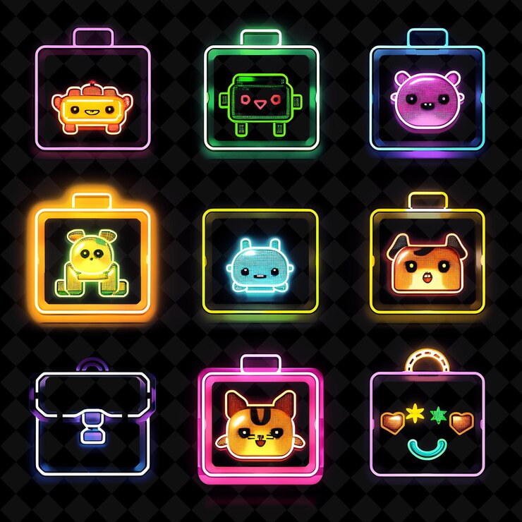 PSD cajas de juguetes lúdicas de 8 bits de píxeles con personajes de dibujos animados y colección única de diseño br png y2k