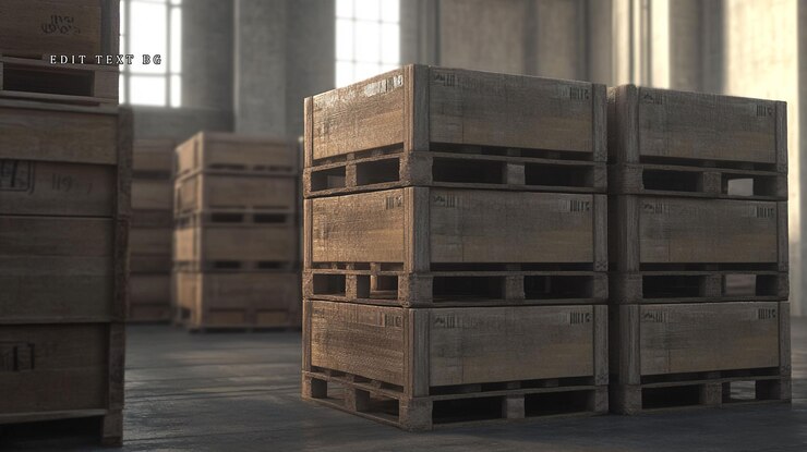 PSD cajas de madera apiladas en paletas en un almacén