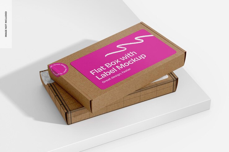 PSD cajas planas con etiquetas adhesivas mockup apiladas