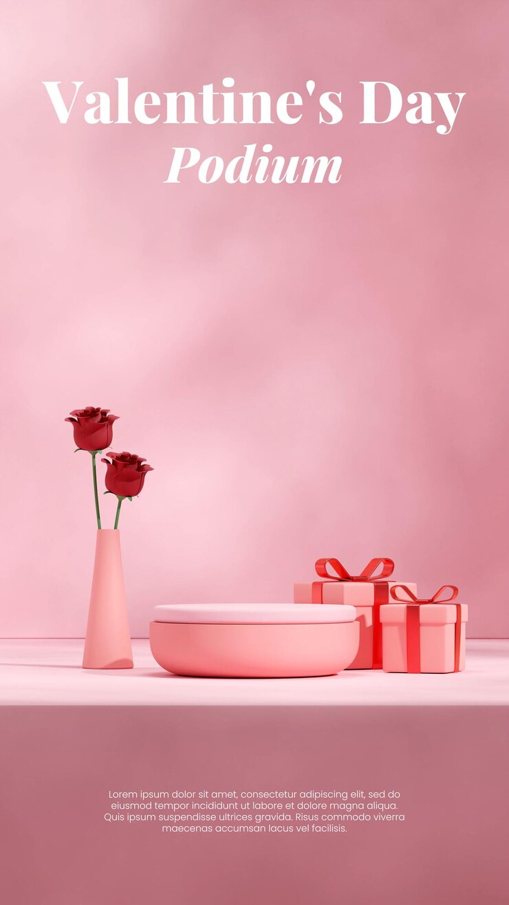 PSD con cajas presentes y rosas en un jarrón que representa el espacio vacío 3d podio rosa en retrato