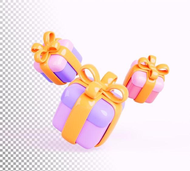 Cajas de regalo de colores voladores 3d con cinta dorada paquetes de regalo con arco dorado en fondo blanco banner de cumpleaños para sorpresa premio de bonificación venta de compras iconos de renderización de dibujos animados