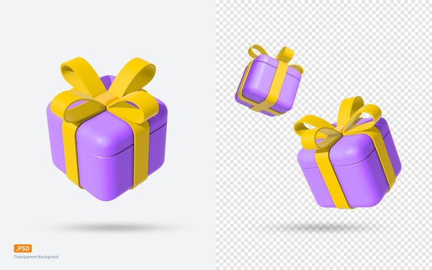 Cajas de regalo moradas con cintas amarillas sobre un fondo transparente
