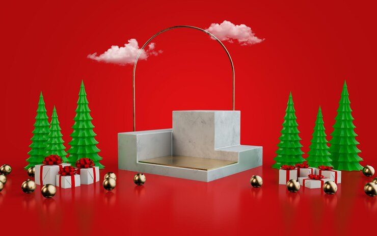 PSD cajas de regalo de navidad y adornos escenario 3d para presentación de producto.
