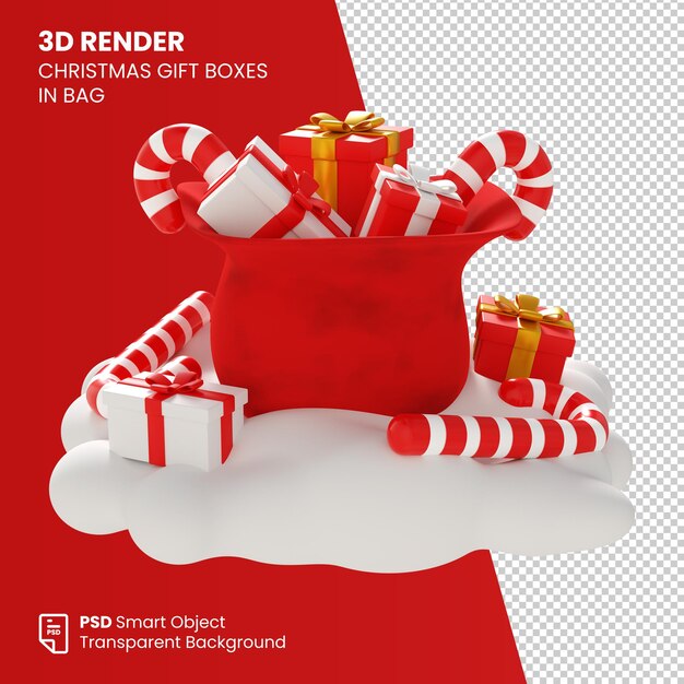 Cajas de regalo de Navidad de renderizado 3D en bolsa