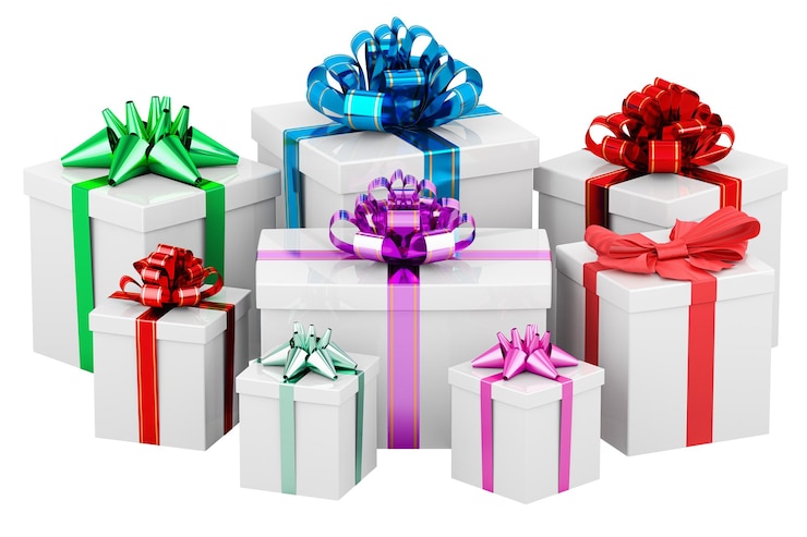 PSD cajas de regalos con arcos y cintas de colores con representación 3d aislada sobre un fondo transparente