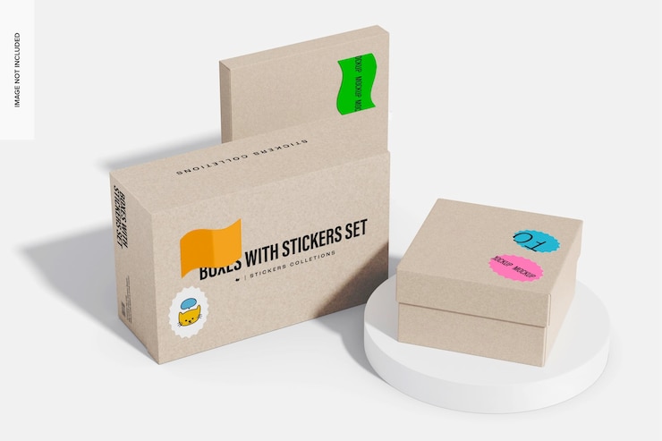 PSD cajas con set de pegatinas mockup, de pie y caídas